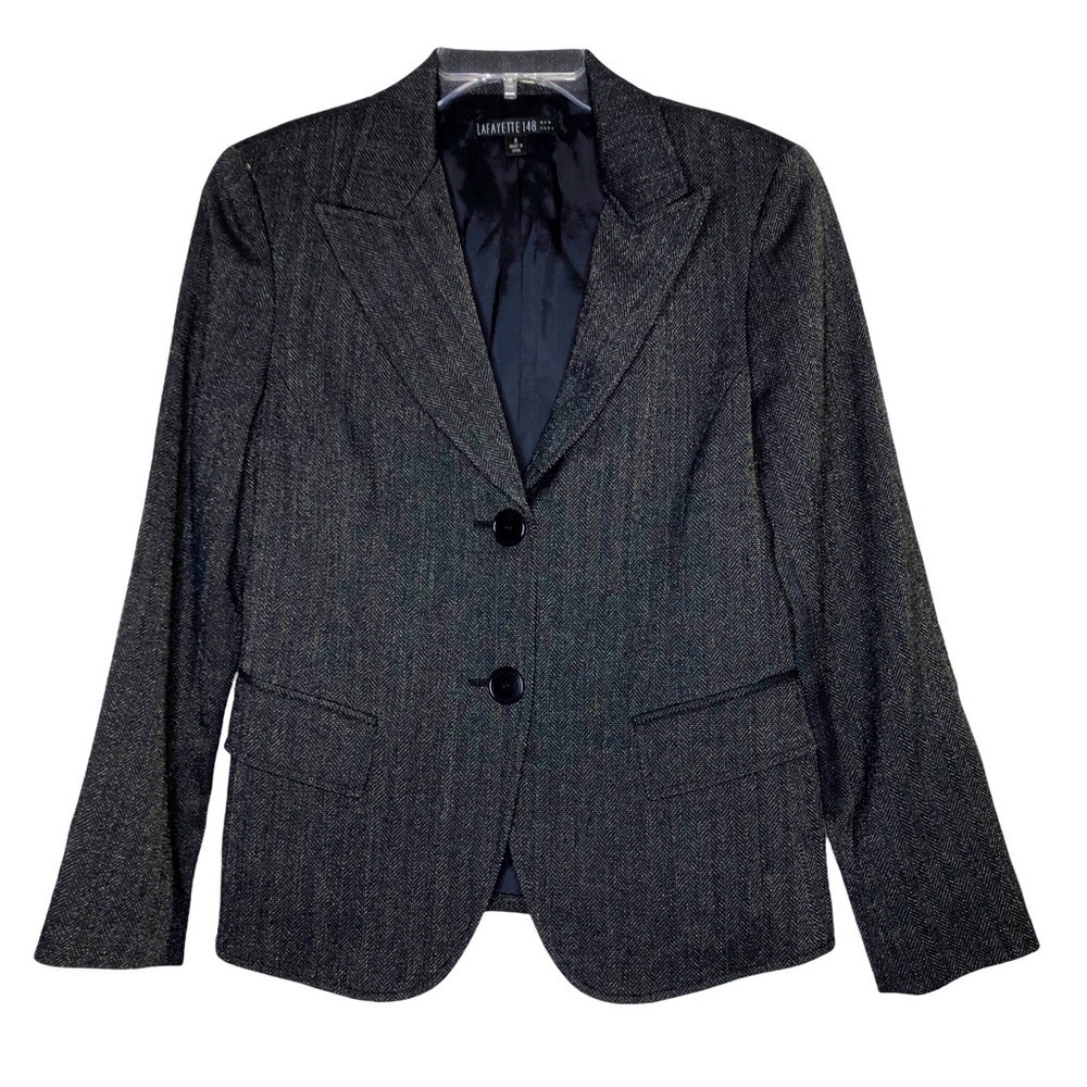 NEW - LAFAYETTE 148 Virgin Wool Navy & Gold Metallic Button Front Blazer -Size 6